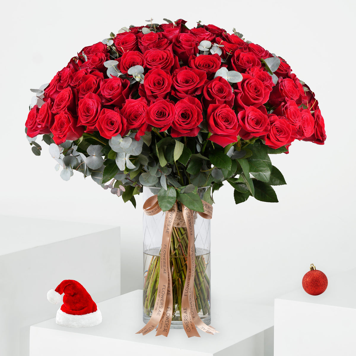 100 Festive Red Roses Vase