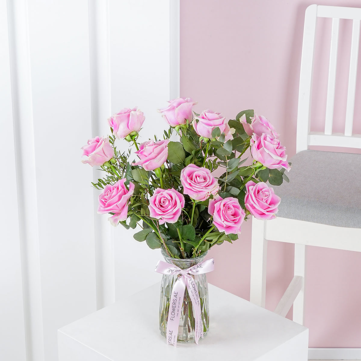 12 Pink Roses  Vase