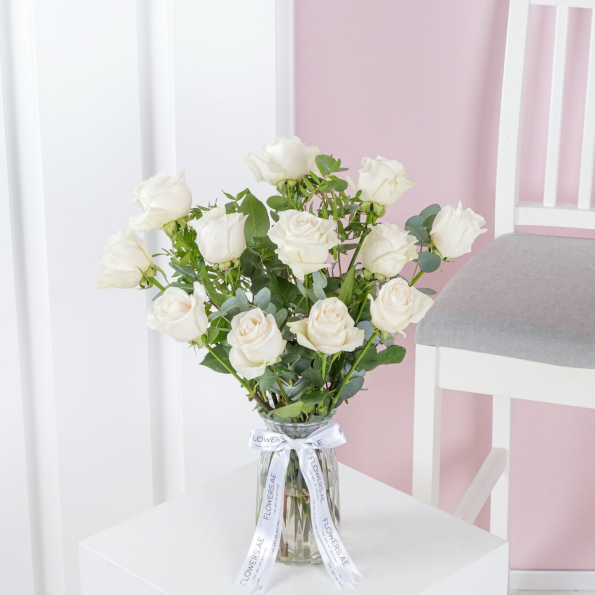 12 White Roses  Vase