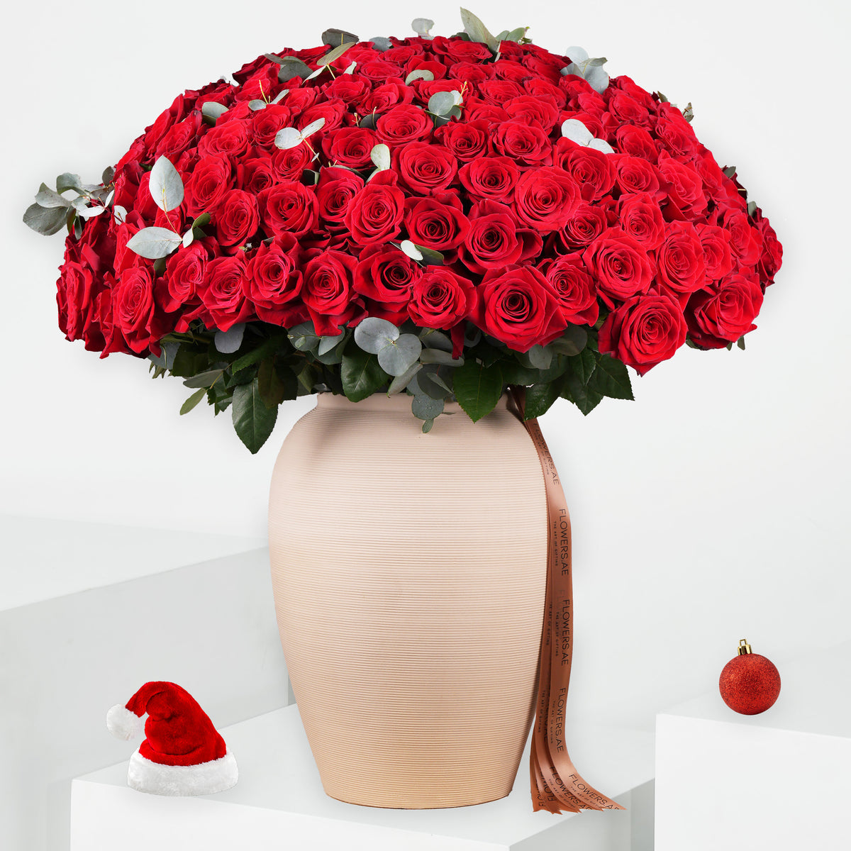 200 Festive Red Roses Vase