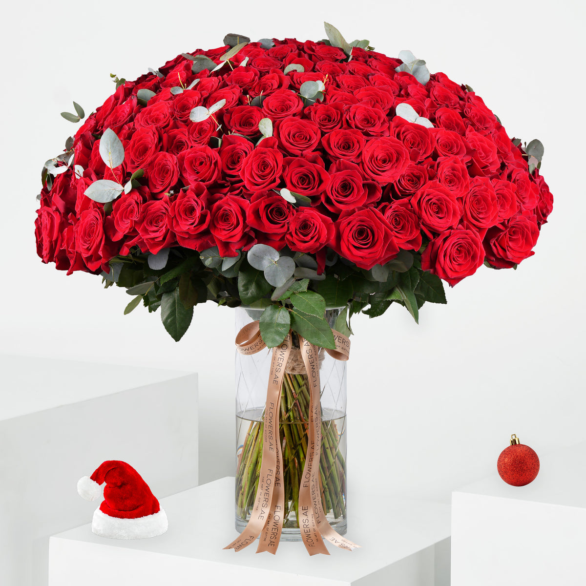 200 Festive Red Roses Vase