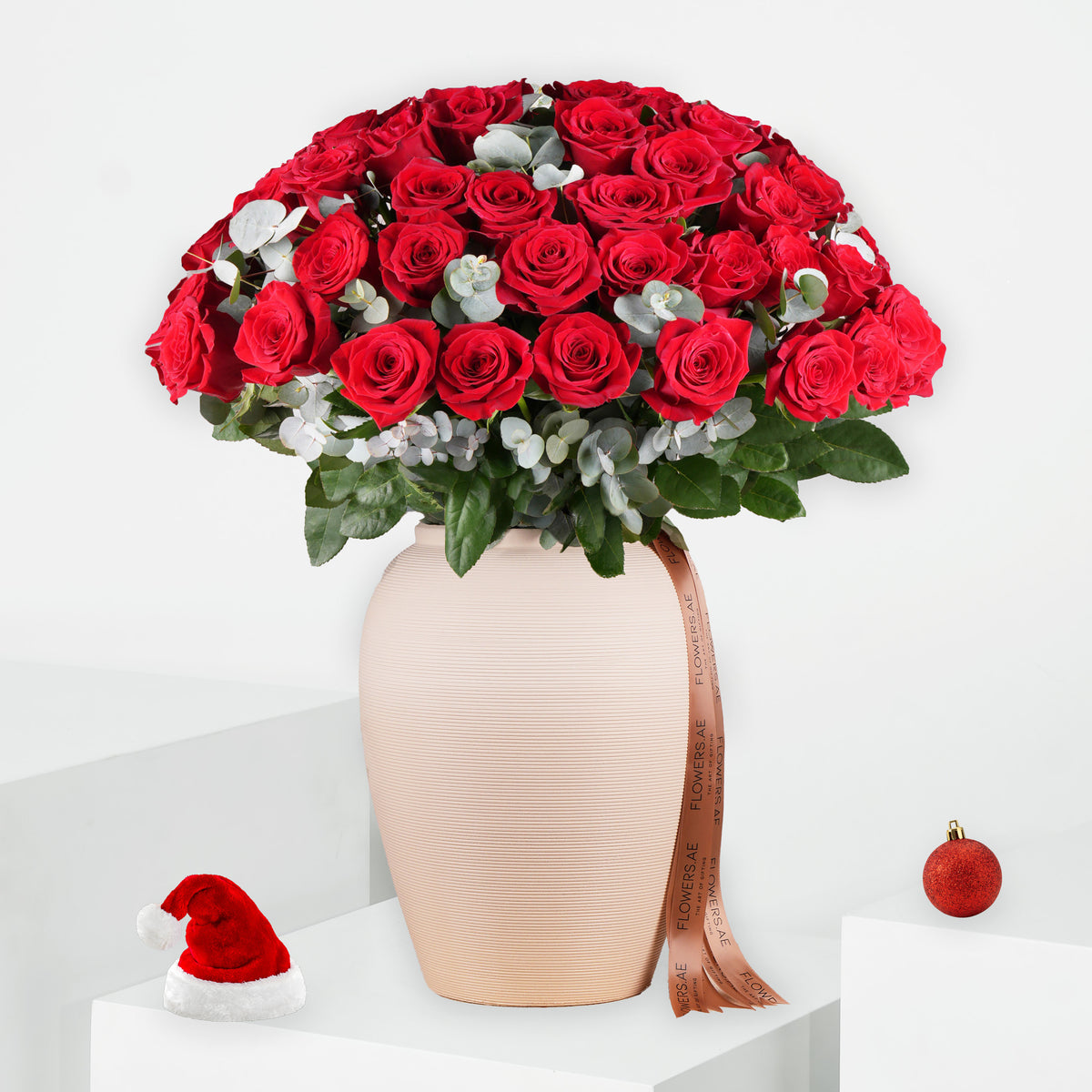 50 Festive Red Roses Vase