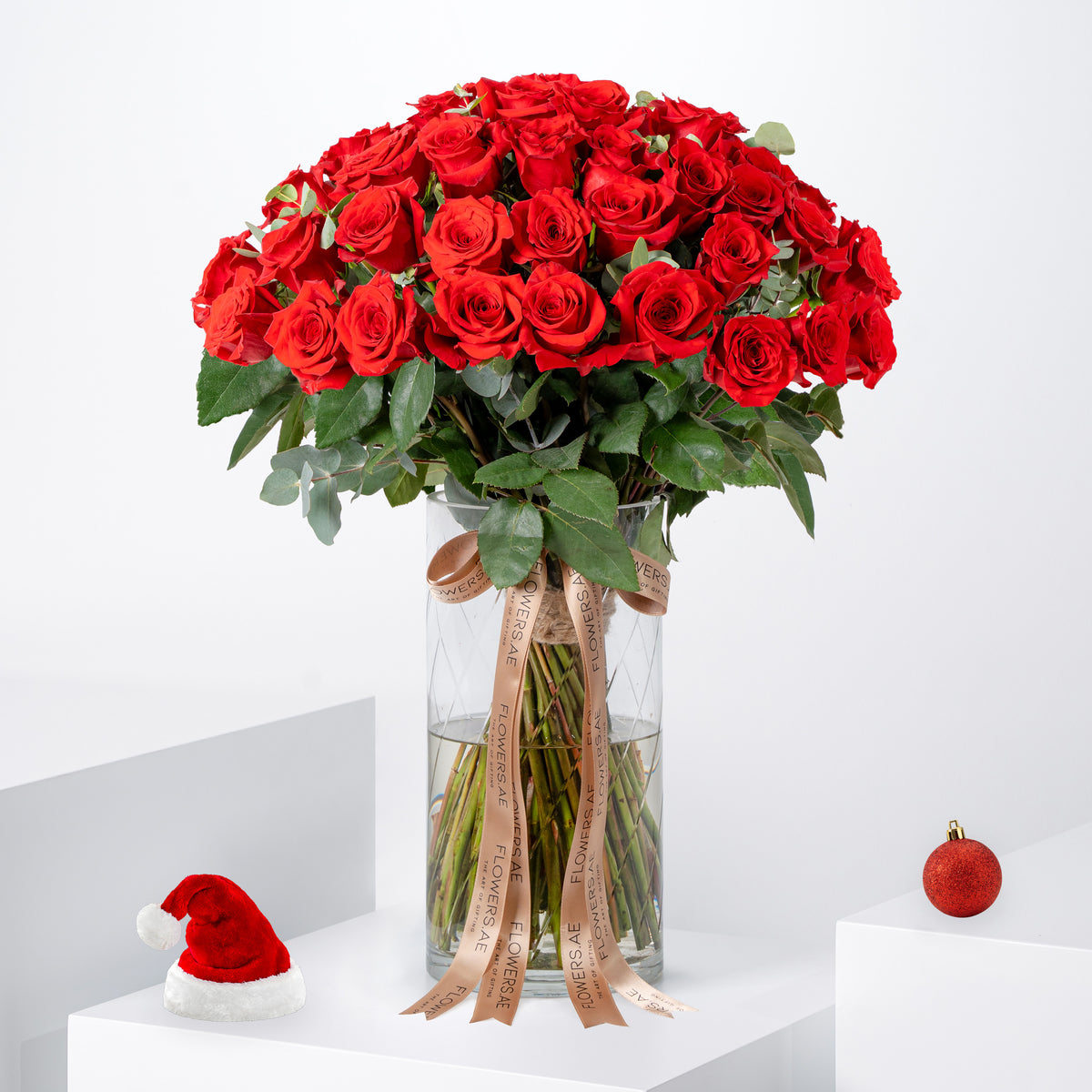 50 Festive Red Roses Vase