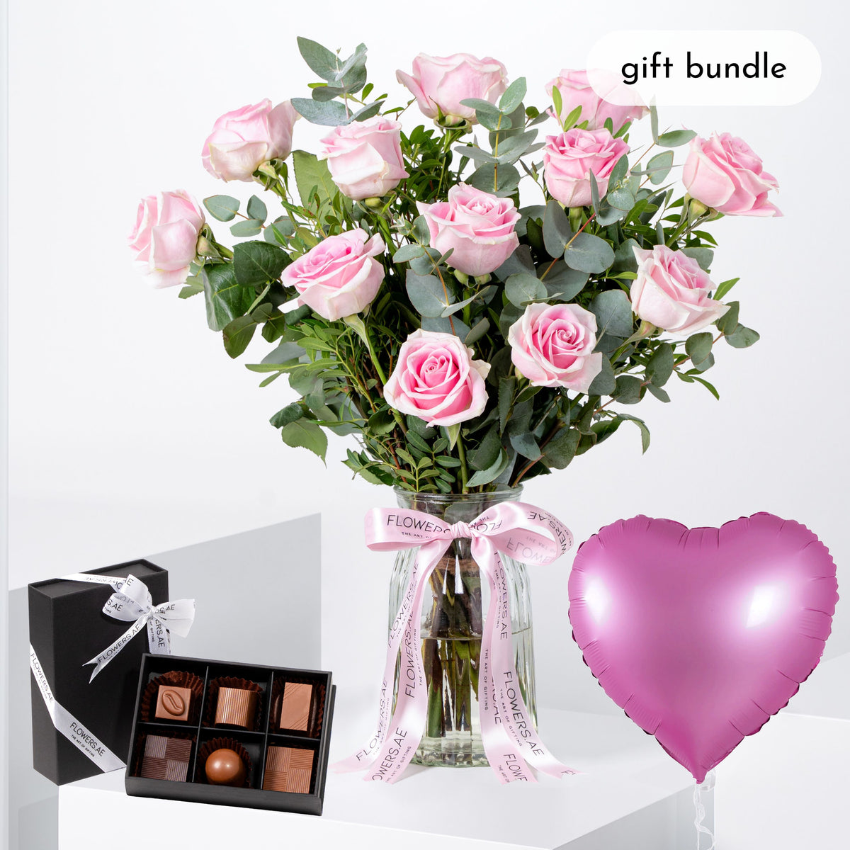 12 Pink Roses Vase - Gift Bundle