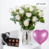 12 White Roses Vase - Gift Bundle