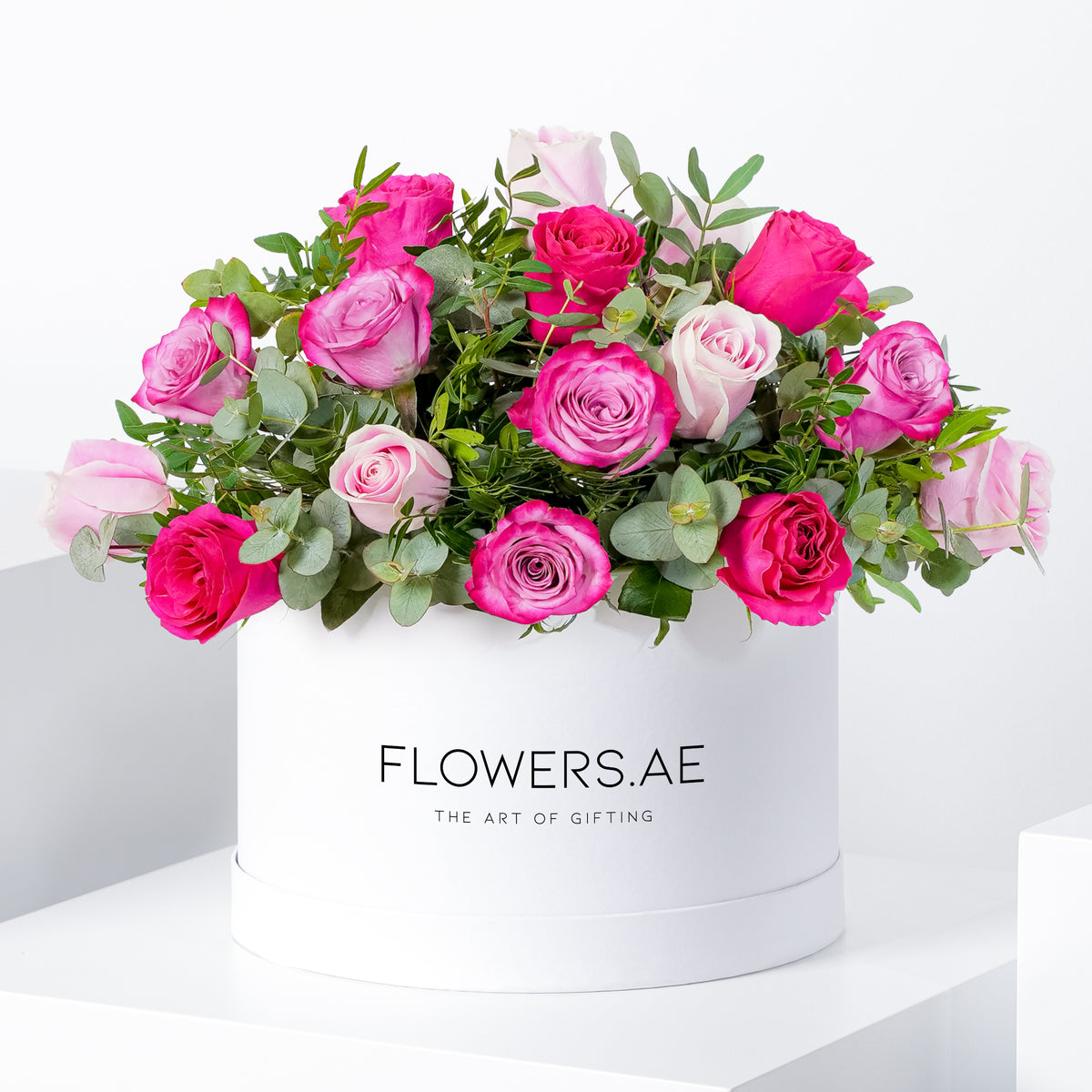 Valentine Blush Roses with greens - Hatbox