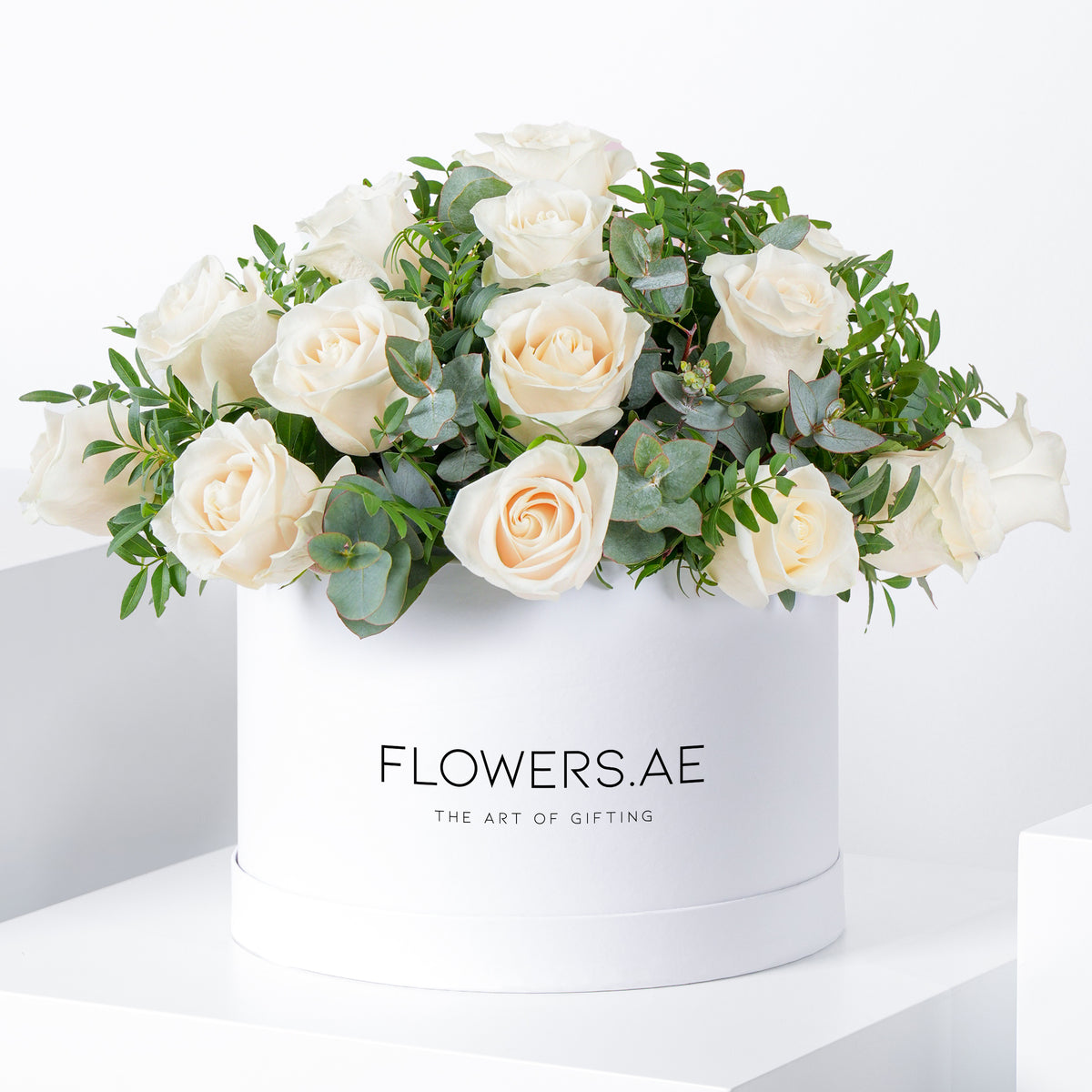 Valentine White Roses with greens - Hatbox