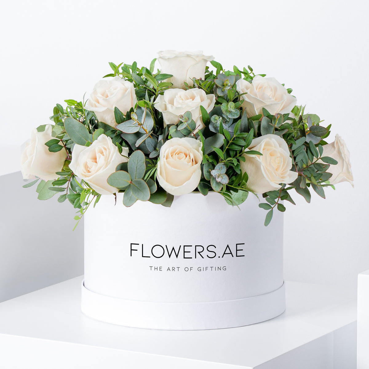 Valentine White Roses with greens - Hatbox