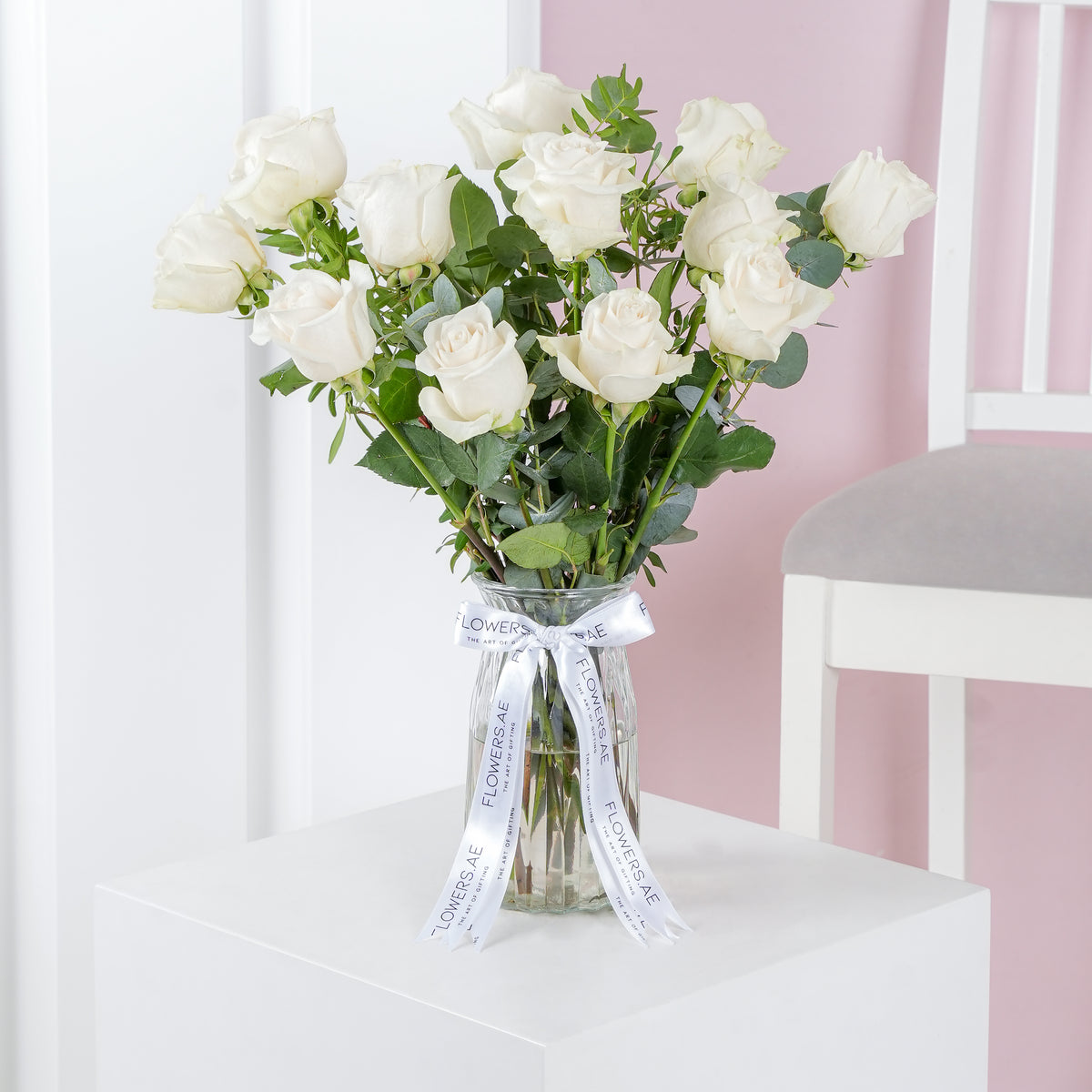 12 White Roses  Vase