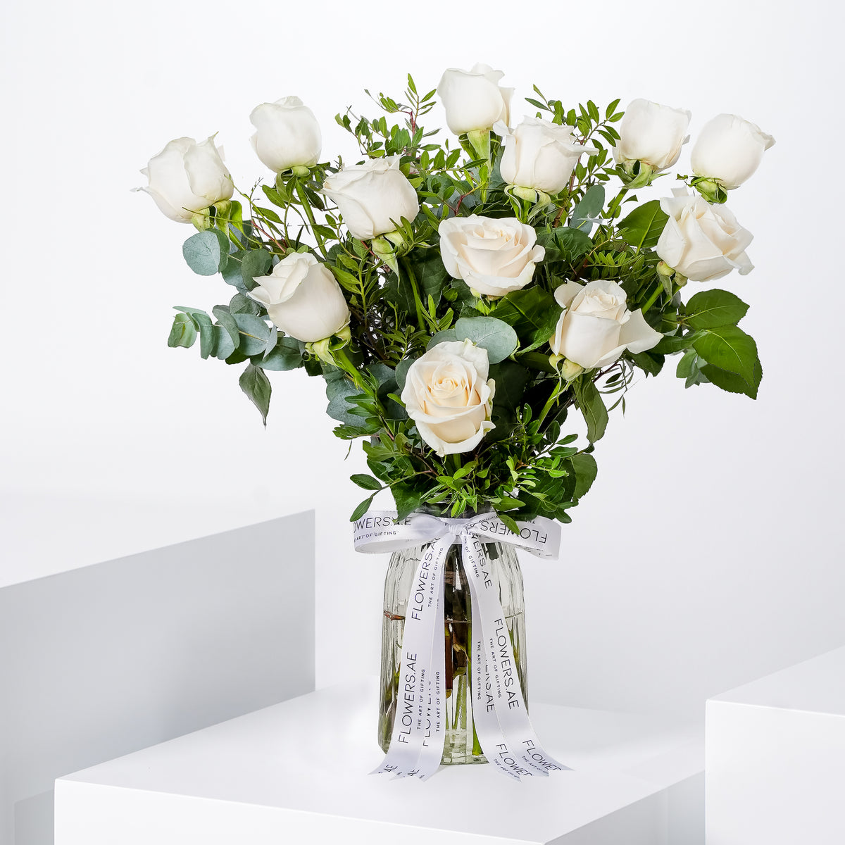 12 White Roses Vase - Gift Bundle