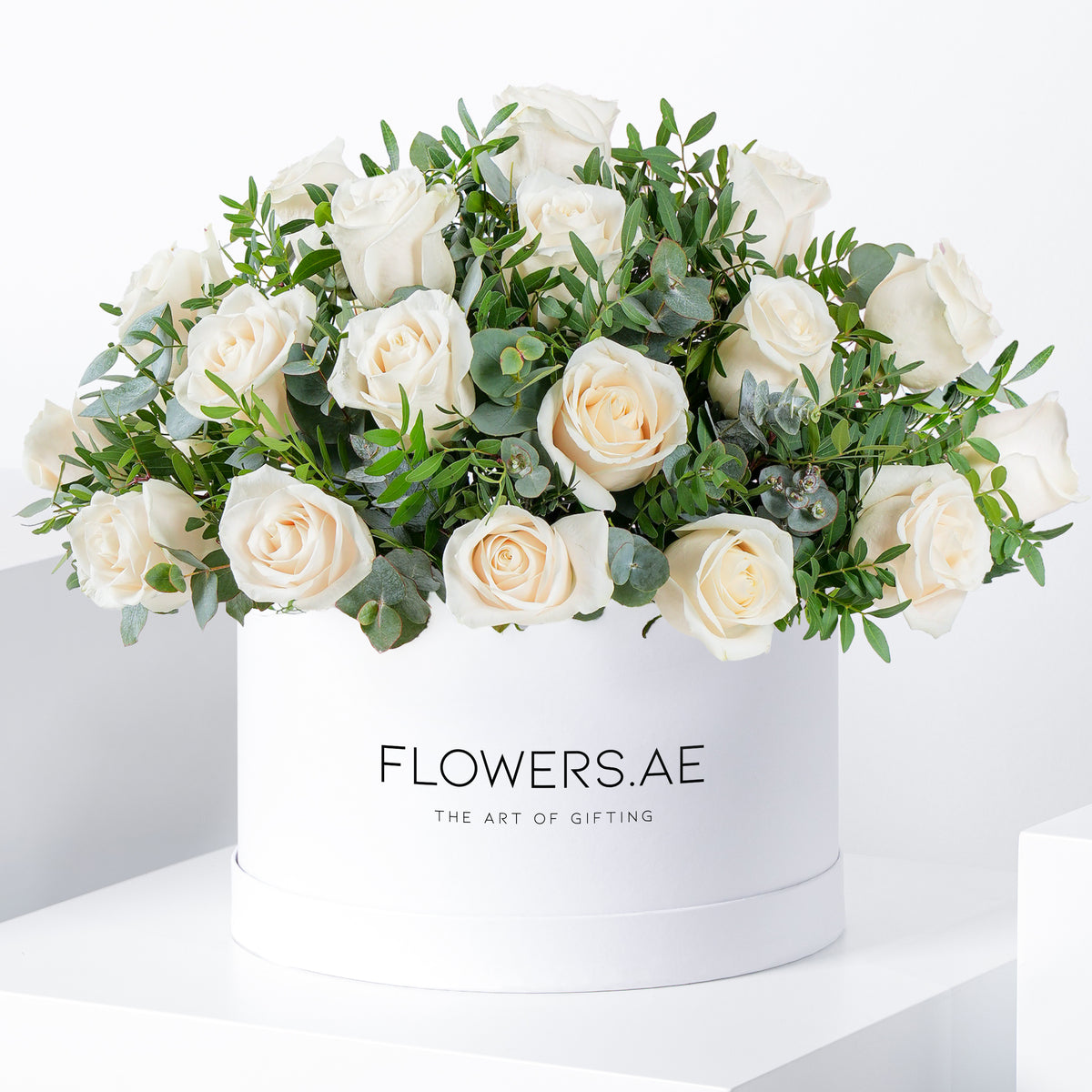 Valentine White Roses with greens - Hatbox