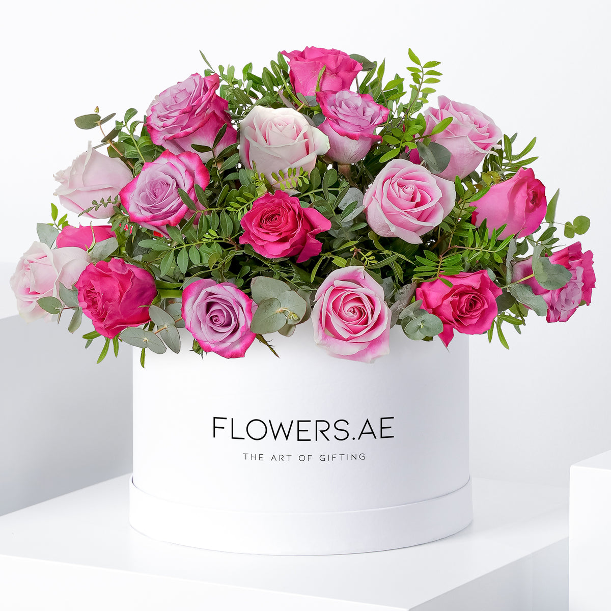 Valentine Blush Roses with greens - Hatbox